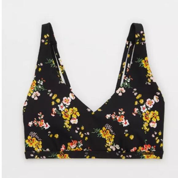 Offline By Aerie Goals True Black Floral Plunge Sports Bra Size Medium - Picture 3 of 13
